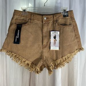 SIMPLE SOCIETY tan brown high rise frayed denim shorts